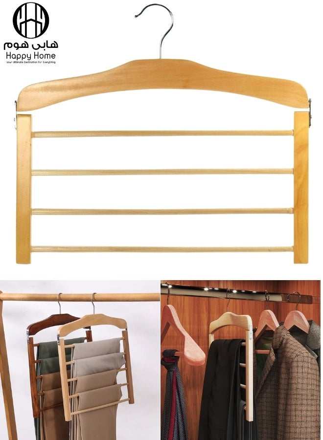 هابي هوم علاقة بنطلونات خشبية متعددة الطبقات لتوفير المساحة – منظم خزانة 4 طبقات للبناطيل، الجينز، الأوشحة، الأحزمة والملابس الأخرى، تصميم أنيق ومتين يحافظ على الملابس بدون تجاعيد، يوفر ترتيبًا عمليًا ومرتبًا لكل خزانة، مثالي للمساحات الصغيرة وللحفاظ على الملابس منظمة وسهلة الوصول، إضافة رائعة لأي غرفة نوم أو خزانة 25*38 سم - Image 1